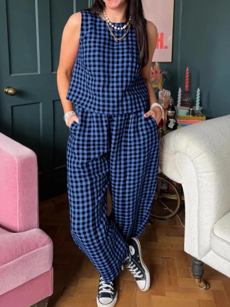 Women's Summer Two-piece Sets New Sleeveless Tops+long Trousers 2025 Fashion Casual Beach Vacation plaid Suits Female Clothing
Women's Summer Two-piece Sets New Sleeveless Tops+long Trousers 2025 Fashion Casual Beach Vacation plaid Suits Female Clothing
