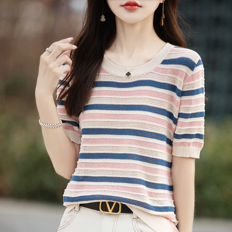 Women's T-shirt Summer 100% Cotton Sweater Short Sleeve Striped Knitted Round Neck Ladies Tops Loose Blouse Pullover Hollow Tees
Women's T-shirt Summer 100% Cotton Sweater Short Sleeve Striped Knitted Round Neck Ladies Tops Loose Blouse Pullover Hollow Tees