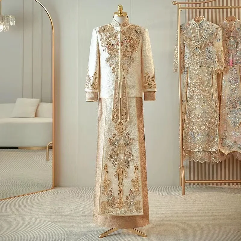 S-4XL мужское традиционное китайское свадебное платье для жениха, высококачественный свадебный наряд, тяжелый халат с драконом и фениксом 
S-4XL мужское традиционное китайское свадебное платье для жениха, высококачественный свадебный наряд, тяжелый халат с драконом и фениксом