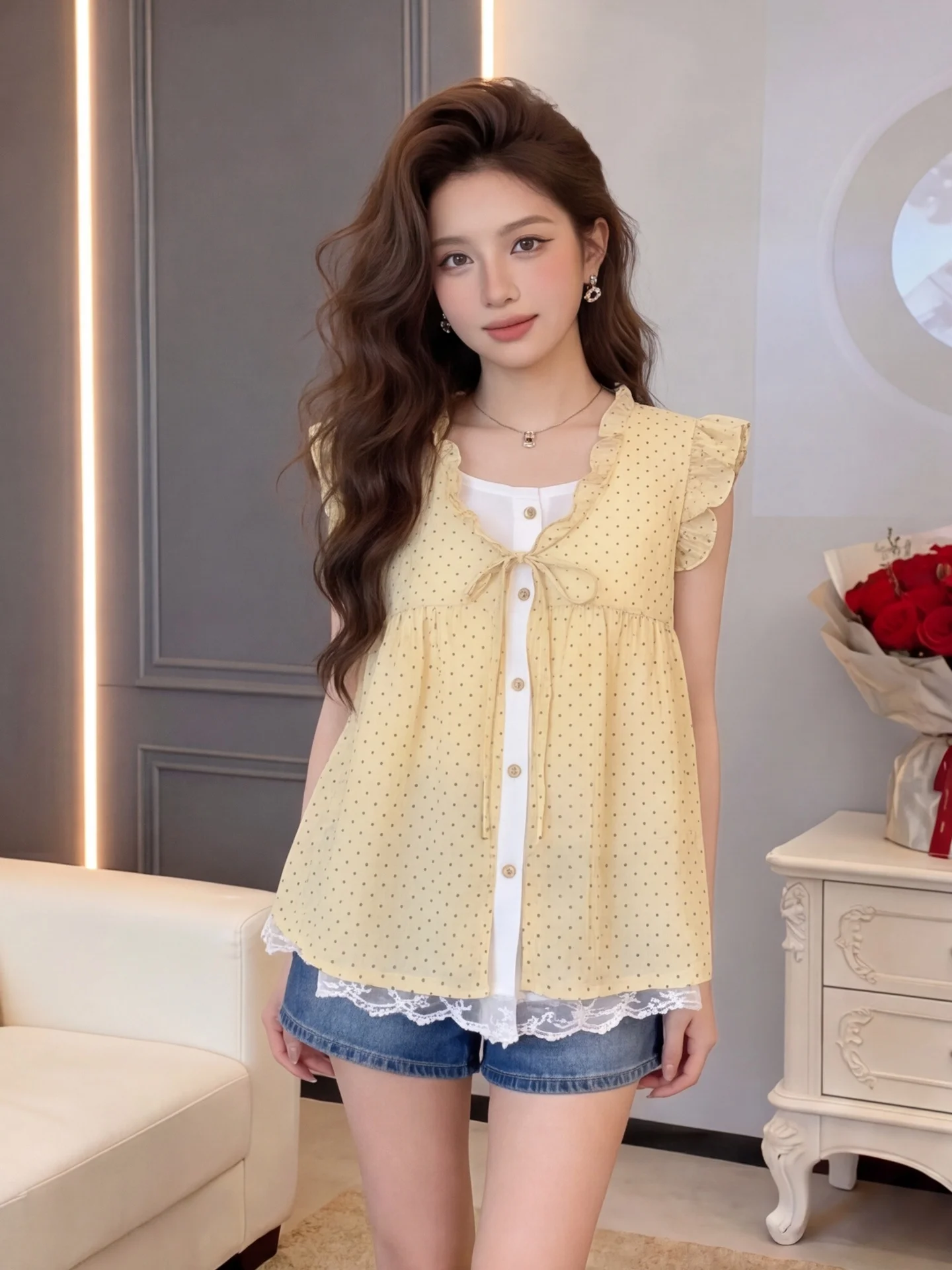 Sweet Polka Dot Lace Patchwork Girl's Shirt Summer Knot Doll Top Anti-Aging Fake Two-Piece Short Sleeve Women's Blouse
Sweet Polka Dot Lace Patchwork Girl's Shirt Summer Knot Doll Top Anti-Aging Fake Two-Piece Short Sleeve Women's Blouse