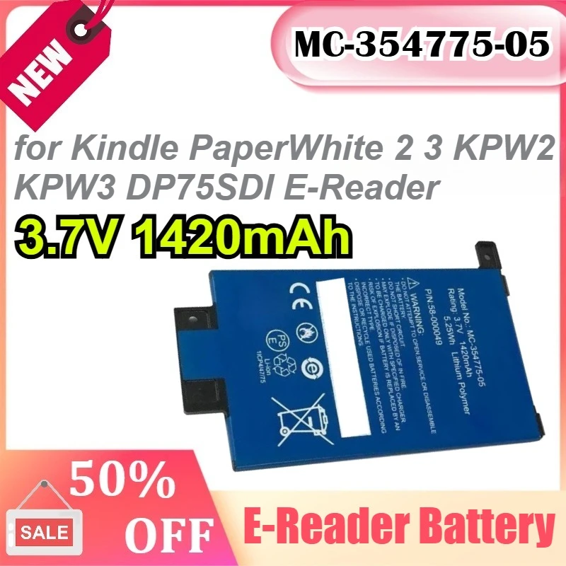 MC-354775-05 3.7V 1420mAh 5.25Wh for Kindle PaperWhite 2 3 KPW2 KPW3 DP75SDI E-Reader Replacement Battery
MC-354775-05 3.7V 1420mAh 5.25Wh for Kindle PaperWhite 2 3 KPW2 KPW3 DP75SDI E-Reader Replacement Battery