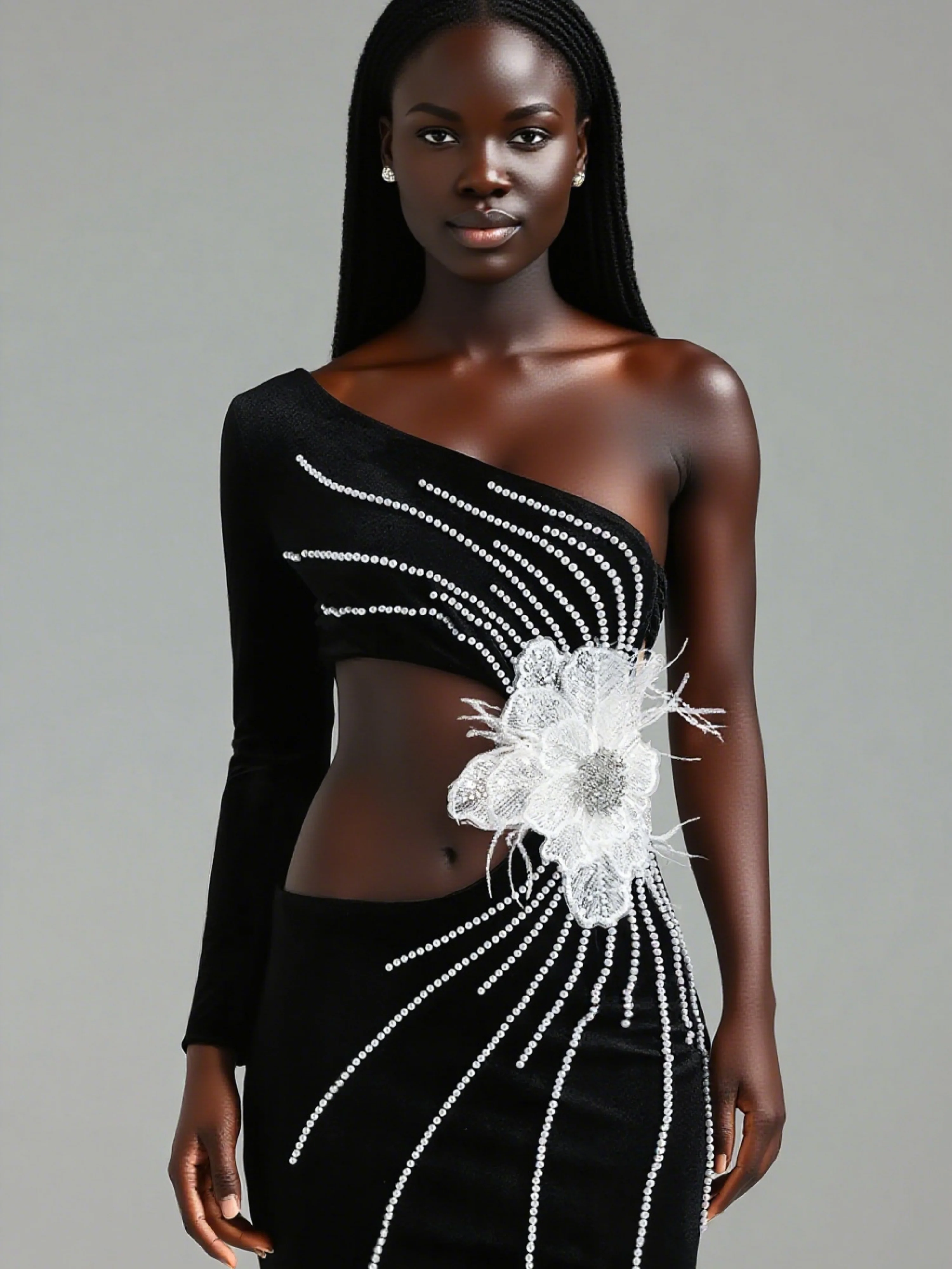 Women Beaded Sparkly Rhinestone Sexy One Shoulder Cutout White 3D Flower Maxi Long Black Dress Luxury Prom Wedding Guest Dresses
Women Beaded Sparkly Rhinestone Sexy One Shoulder Cutout White 3D Flower Maxi Long Black Dress Luxury Prom Wedding Guest Dresses