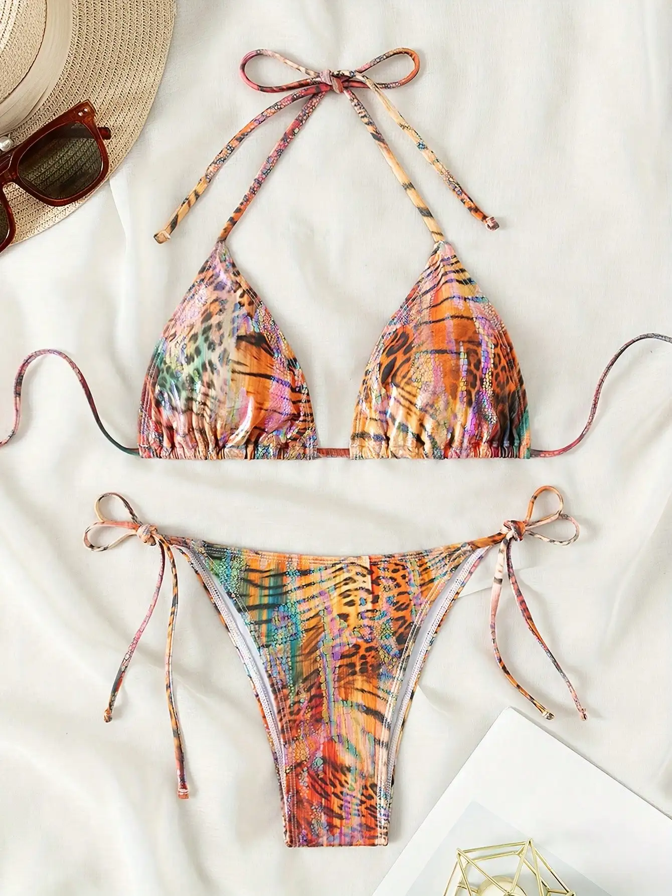 Tie-Front Triangle Bikini Set with Multicolor Animal Print Pattern
Tie-Front Triangle Bikini Set with Multicolor Animal Print Pattern