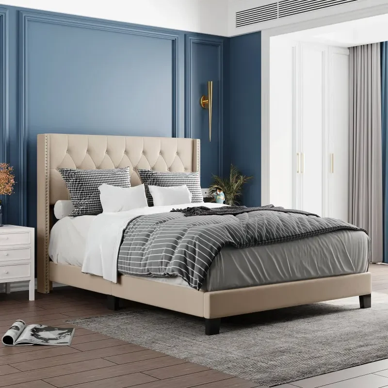 Upholstered Platform Bed with Classic Headboard, Box Spring Needed, Beige Linen Fabric, Queen Size
Upholstered Platform Bed with Classic Headboard, Box Spring Needed, Beige Linen Fabric, Queen Size