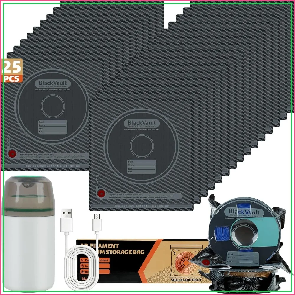 25 Pcs 3D Filament Vacuum Storage Bags Kit with 5 Sealing Clips and 1 Pump - Lightproof, Dustproof, Humidity Resistant, Reusable (12.6" x 13.4")
25 Pcs 3D Filament Vacuum Storage Bags Kit with 5 Sealing Clips and 1 Pump - Lightproof, Dustproof, Humidity Resistant, Reusable (12.6" x 13.4")
