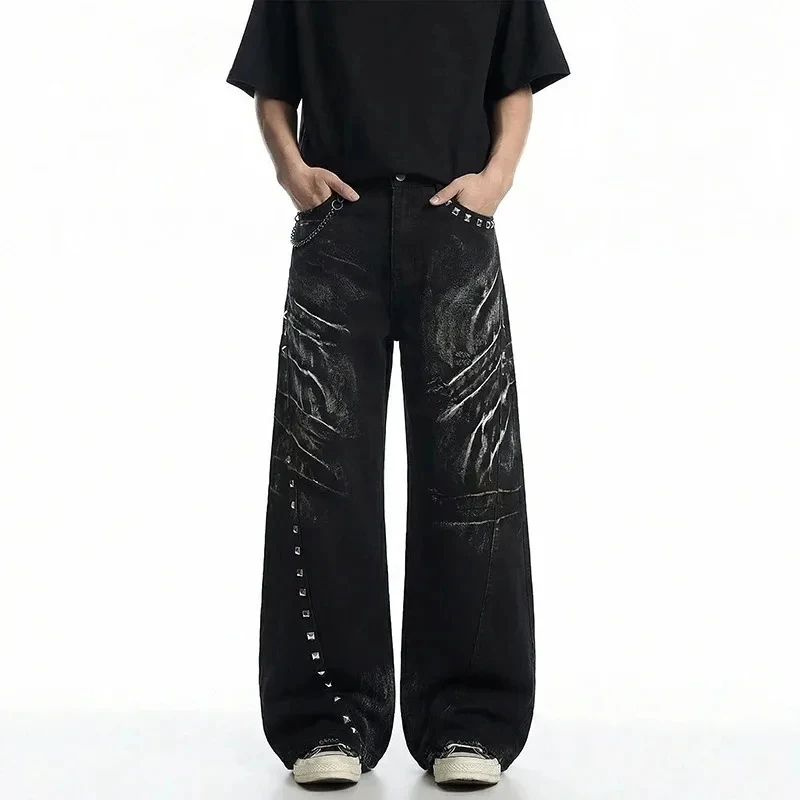 Punk Men's Jeans Claw Mark Print Studded Detail Washed Black Wide Leg Fit Gothic Streetwear Denim Long Pants New
Punk Men's Jeans Claw Mark Print Studded Detail Washed Black Wide Leg Fit Gothic Streetwear Denim Long Pants New