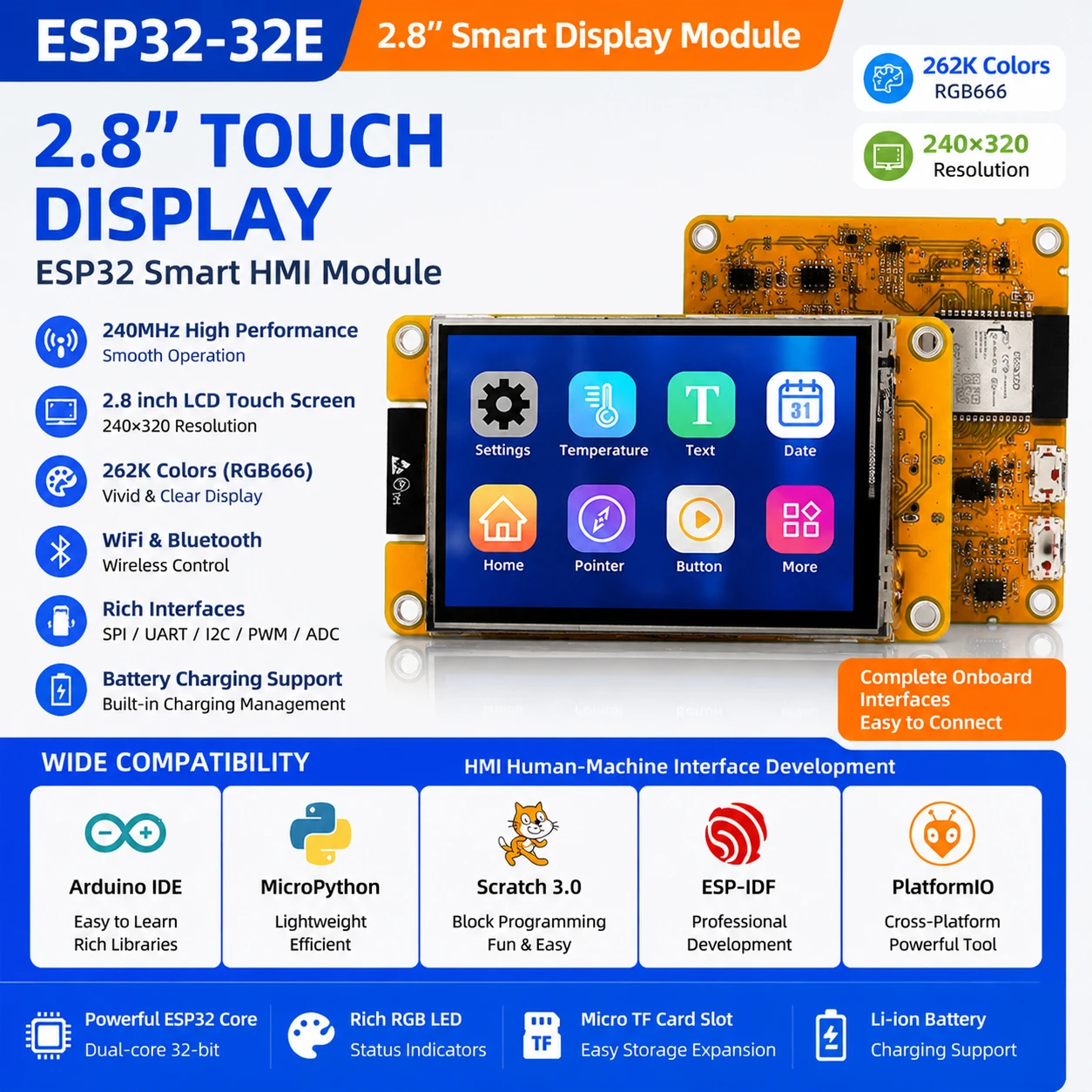 ESP32-32E 2.8" Touch LCD HMI Module WiFi Bluetooth LVGL GUI Development Board for Arduino IDE MicroPython ESP-IDF
ESP32-32E 2.8" Touch LCD HMI Module WiFi Bluetooth LVGL GUI Development Board for Arduino IDE MicroPython ESP-IDF
