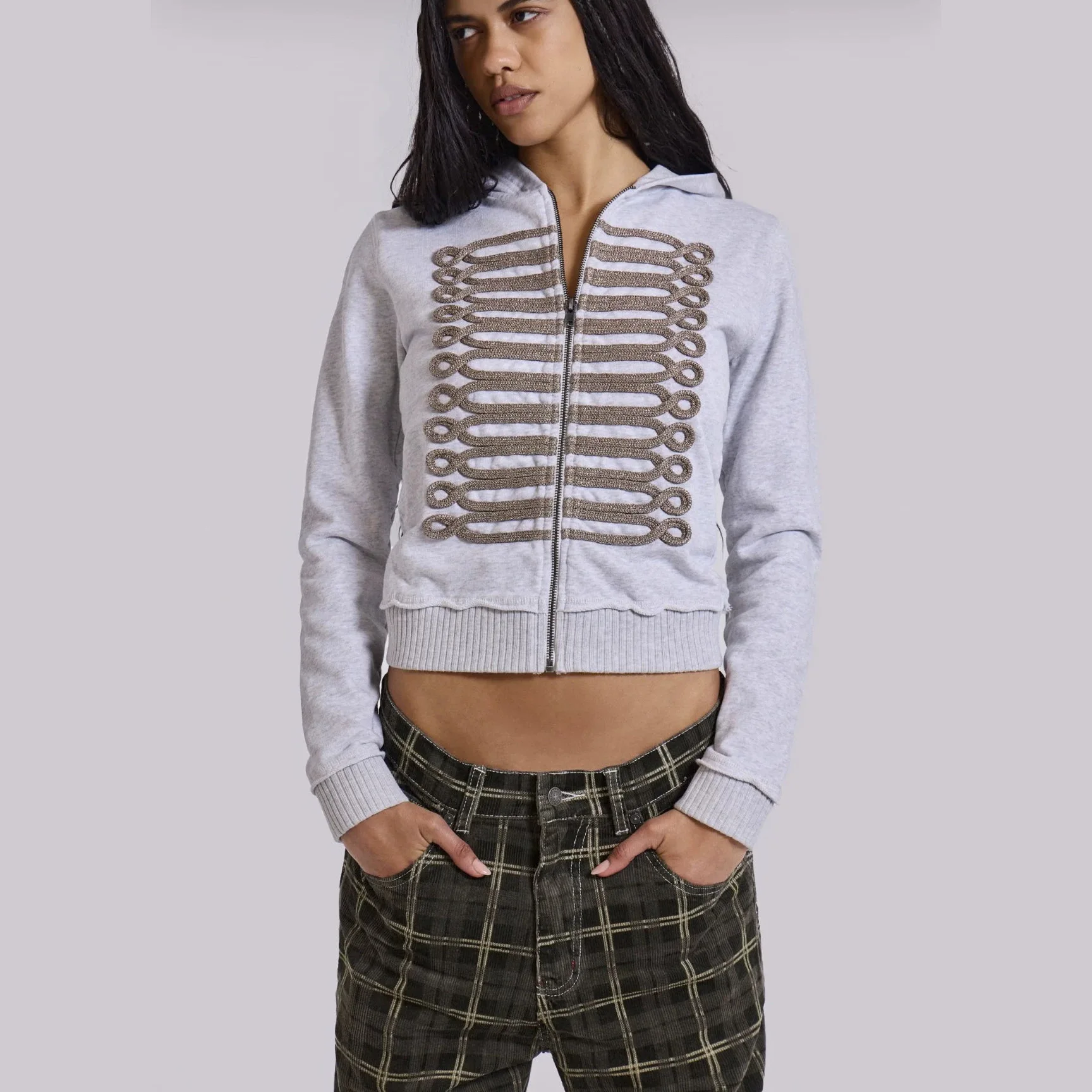 Cropped Zip Up Hoodie Vintage Braided Cord Loop Embroidery Ribbed Hem Long Sleeve Slim Crop Y2K Streetwear Hooded Jacket
Cropped Zip Up Hoodie Vintage Braided Cord Loop Embroidery Ribbed Hem Long Sleeve Slim Crop Y2K Streetwear Hooded Jacket