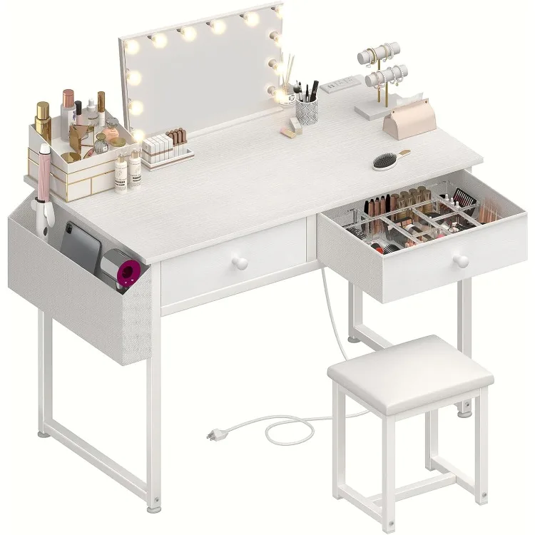 White Makeup Vanity Desk with Chair no Mirror, Small Vanity Table with Fabric Drawers, Power Outlet & Stool Without Mirror,
White Makeup Vanity Desk with Chair no Mirror, Small Vanity Table with Fabric Drawers, Power Outlet & Stool Without Mirror,