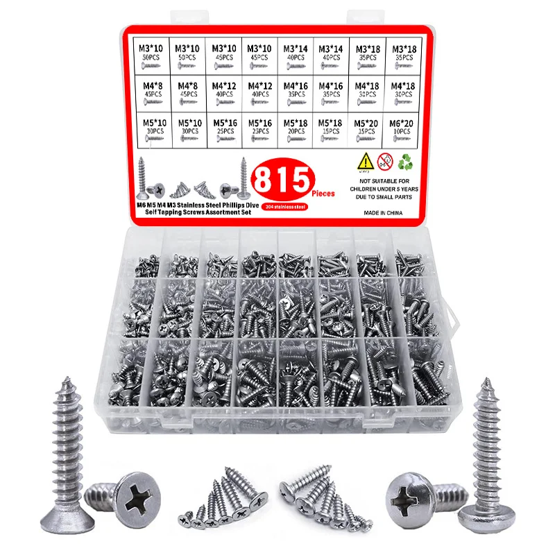 815pcs M3/M4/M5/M6 Wood Screws Assortment Kit 304 Stainless Steel Self Tapping Screw Set Phillips Cross Round Head Flat Head
815pcs M3/M4/M5/M6 Wood Screws Assortment Kit 304 Stainless Steel Self Tapping Screw Set Phillips Cross Round Head Flat Head