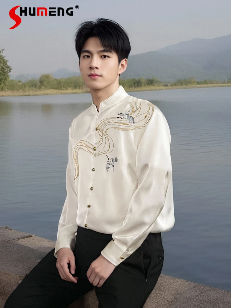 Male Stand Collar Embroidered Long-sleeve Shirts Men's 2025 Four Seasons Wear Ice Silk Shirt Gentleman High-end Handsome Tops
Male Stand Collar Embroidered Long-sleeve Shirts Men's 2025 Four Seasons Wear Ice Silk Shirt Gentleman High-end Handsome Tops
