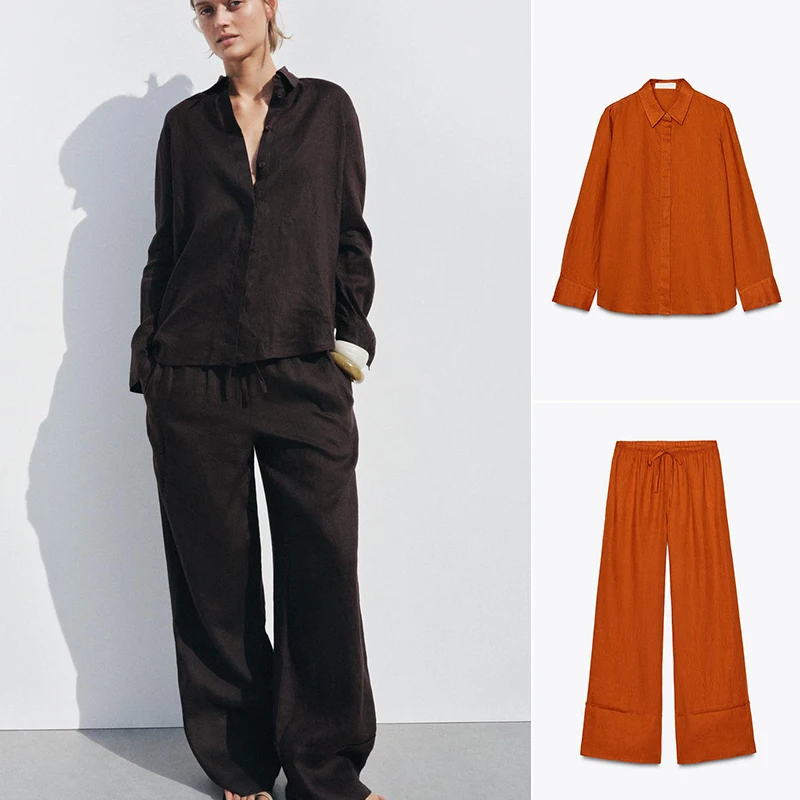 Летние женские льняные длинные повседневные широкие брюки с воротником-стойкой, комплект из двух предметов, моющийся на пуговицах 
Летние женские льняные длинные повседневные широкие брюки с воротником-стойкой, комплект из двух предметов, моющийся на пуговицах