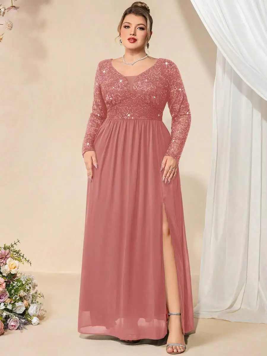 Plus Size Deep V-Neck Sequin Lace Chiffon Slit Maxi Dress Formal Gown For Prom Wedding Guest
Plus Size Deep V-Neck Sequin Lace Chiffon Slit Maxi Dress Formal Gown For Prom Wedding Guest