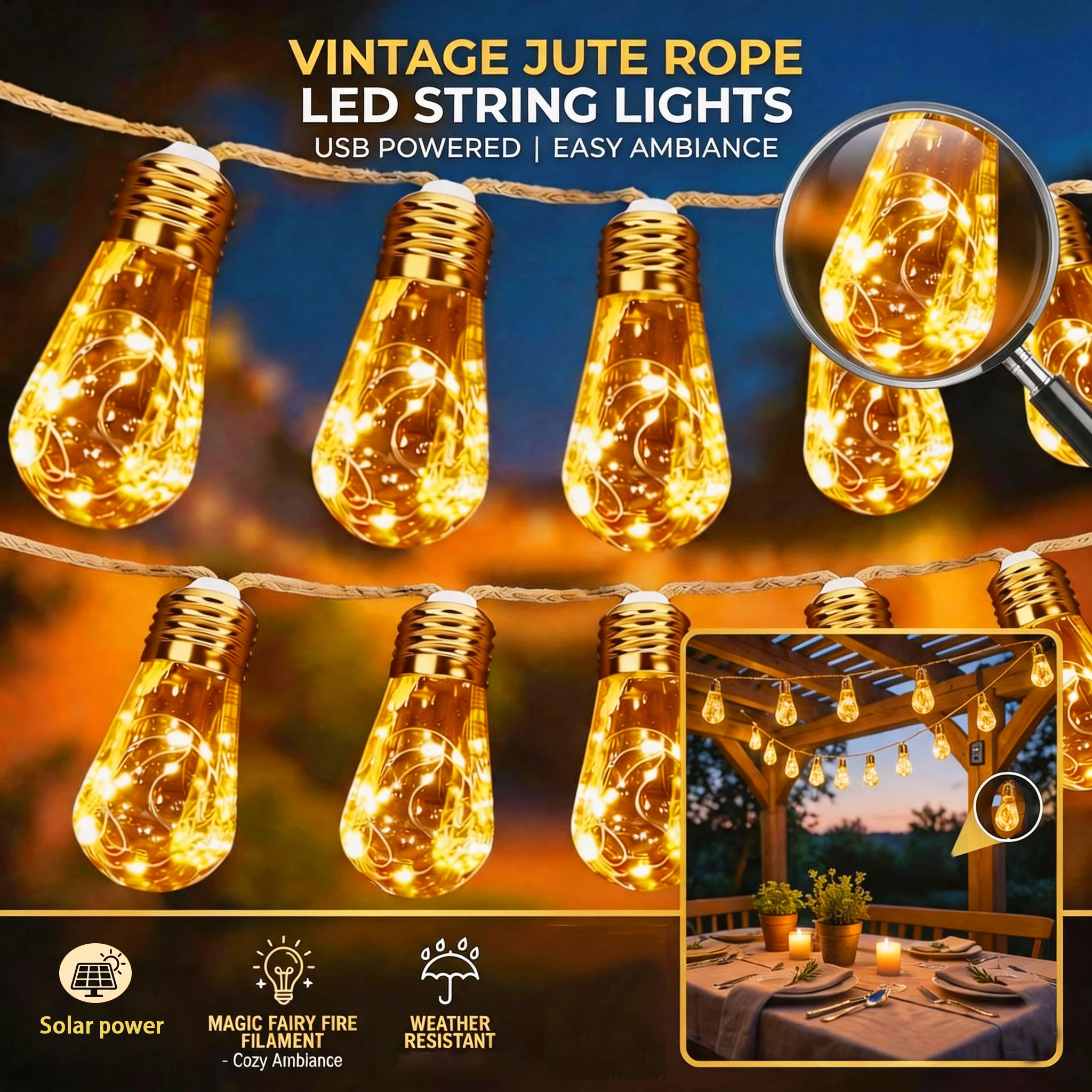Solar Outdoor Fairy Light Bulb String Light, Retro Hemp Rope Hanging Courtyard Light Strip, Graduation Season, IPX4
Solar Outdoor Fairy Light Bulb String Light, Retro Hemp Rope Hanging Courtyard Light Strip, Graduation Season, IPX4