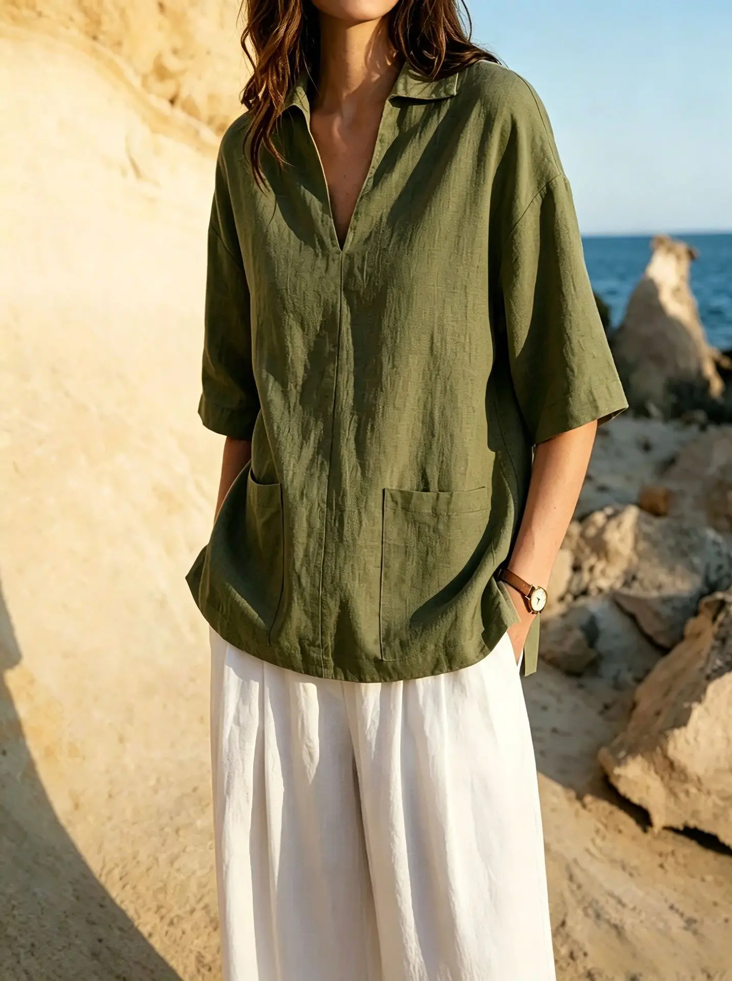 Cotton Linen Blouse Women's Summer Fashion Shirt Solid Color Turn Lapel Tops Loose Casual Short Sleeve Pockets Shirts for Women
Cotton Linen Blouse Women's Summer Fashion Shirt Solid Color Turn Lapel Tops Loose Casual Short Sleeve Pockets Shirts for Women