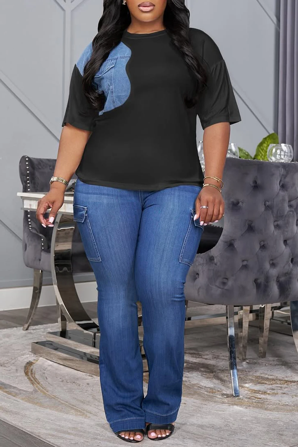 Plus Size Business Casual Black Round Neck Short Sleeve Pocket Denim Two Piece Pant Sets
Plus Size Business Casual Black Round Neck Short Sleeve Pocket Denim Two Piece Pant Sets