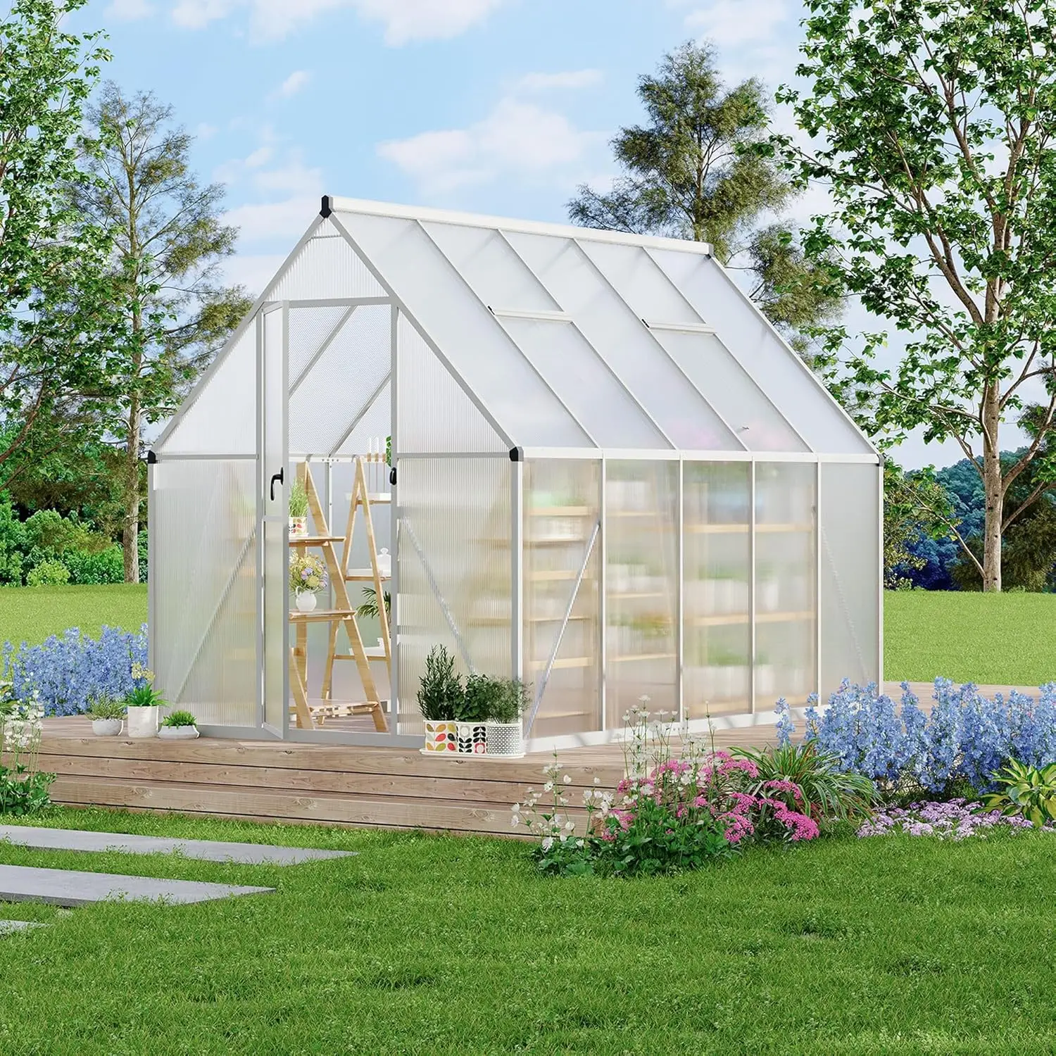 6 x 9 ft Walk-in Outdoor Greenhouse, Heavy Duty Aluminum Frame with Polycarbonate Panels, Lockable Door & Adjustable, Custom
6 x 9 ft Walk-in Outdoor Greenhouse, Heavy Duty Aluminum Frame with Polycarbonate Panels, Lockable Door & Adjustable, Custom