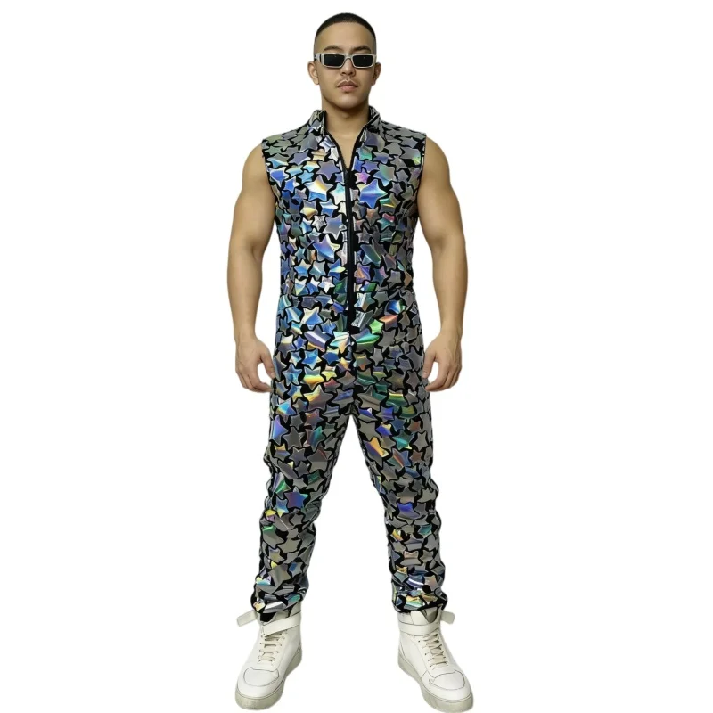 Silver Laser Star Pattern Sleeveless Jumpsuit Male Hip Hop Jazz Dance Overalls Club Party Nightclub Singer Rompers Stage Costume
Silver Laser Star Pattern Sleeveless Jumpsuit Male Hip Hop Jazz Dance Overalls Club Party Nightclub Singer Rompers Stage Costume