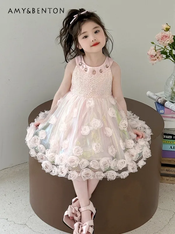 2026 Girls' Pink 3D Flower Tulle Dress Sleeveless Sparkly Princess Dress Elegant Party and Vacation Outfit for Kids Clothes
2026 Girls' Pink 3D Flower Tulle Dress Sleeveless Sparkly Princess Dress Elegant Party and Vacation Outfit for Kids Clothes