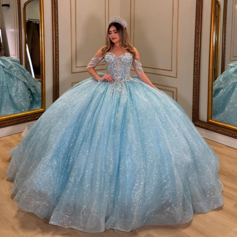 Sky Blue Quinceanera Dresses Off Shoulder Ball Gown Sweet 16 Dress Beading Crystal Bow Tull Birthday Party Vestidos 15 De Anos
Sky Blue Quinceanera Dresses Off Shoulder Ball Gown Sweet 16 Dress Beading Crystal Bow Tull Birthday Party Vestidos 15 De Anos