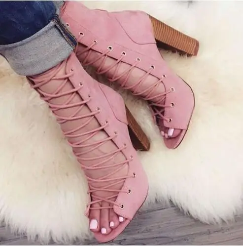 Pink Apricot Black Suede Cross Tied Lace Up Peep Toe Wood Block Heel Mid-calf Sandals Boots Women Roman High Heel Shoes Lady
Pink Apricot Black Suede Cross Tied Lace Up Peep Toe Wood Block Heel Mid-calf Sandals Boots Women Roman High Heel Shoes Lady