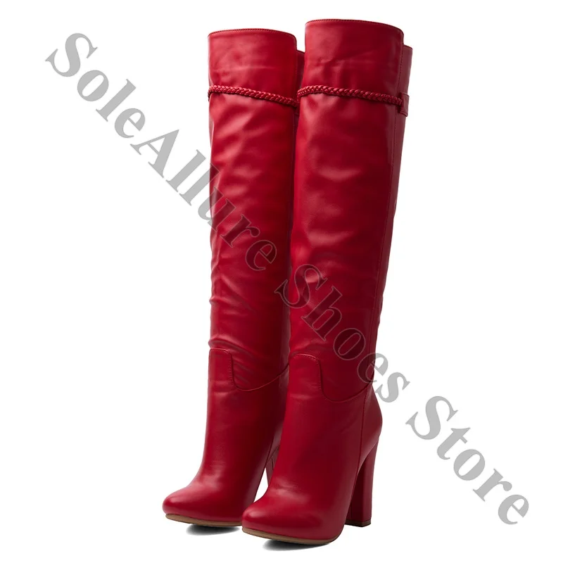 Bright Red Faux Leather Braided Band Knee High Boots Round Closed Toe Slouchy Calf Tall Chunky Block Heel Boots
Bright Red Faux Leather Braided Band Knee High Boots Round Closed Toe Slouchy Calf Tall Chunky Block Heel Boots