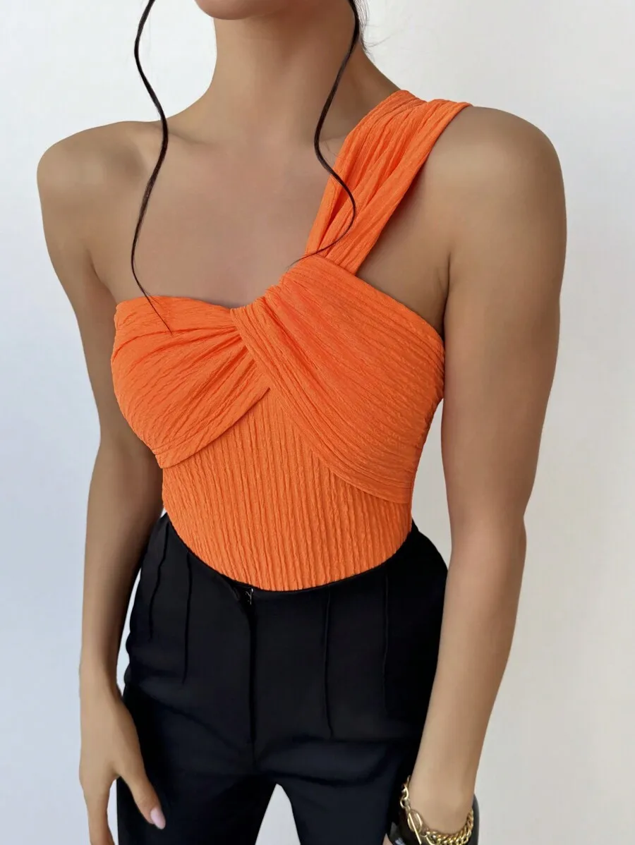 Orange One-Shoulder Twisted Front Bodysuit with Pleated Detail
Orange One-Shoulder Twisted Front Bodysuit with Pleated Detail