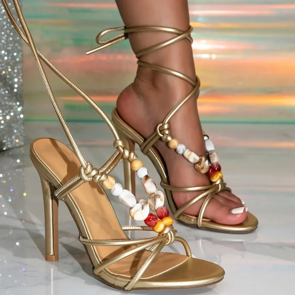 Women Beaded Lace Up Wrap Ankle Stiletto Sandals, Open Toe Summer Vacation Wedding Banquet Party Trend High Heels For Daily Wear
Women Beaded Lace Up Wrap Ankle Stiletto Sandals, Open Toe Summer Vacation Wedding Banquet Party Trend High Heels For Daily Wear