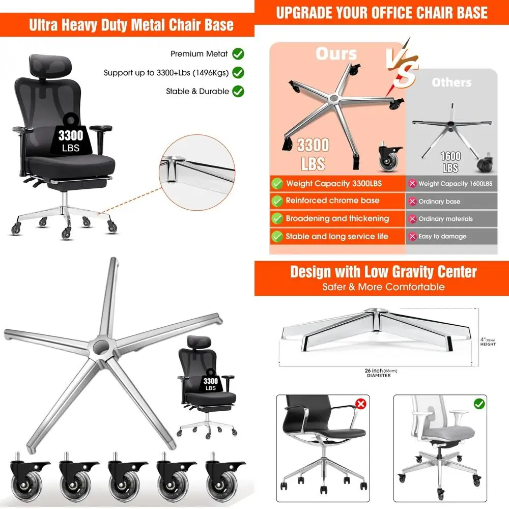 Heavy-Duty 5-Caster Office Chair Base with Brakes, 3300 lbs Capacity, Silver Uni-Gas Cylinder
Heavy-Duty 5-Caster Office Chair Base with Brakes, 3300 lbs Capacity, Silver Uni-Gas Cylinder