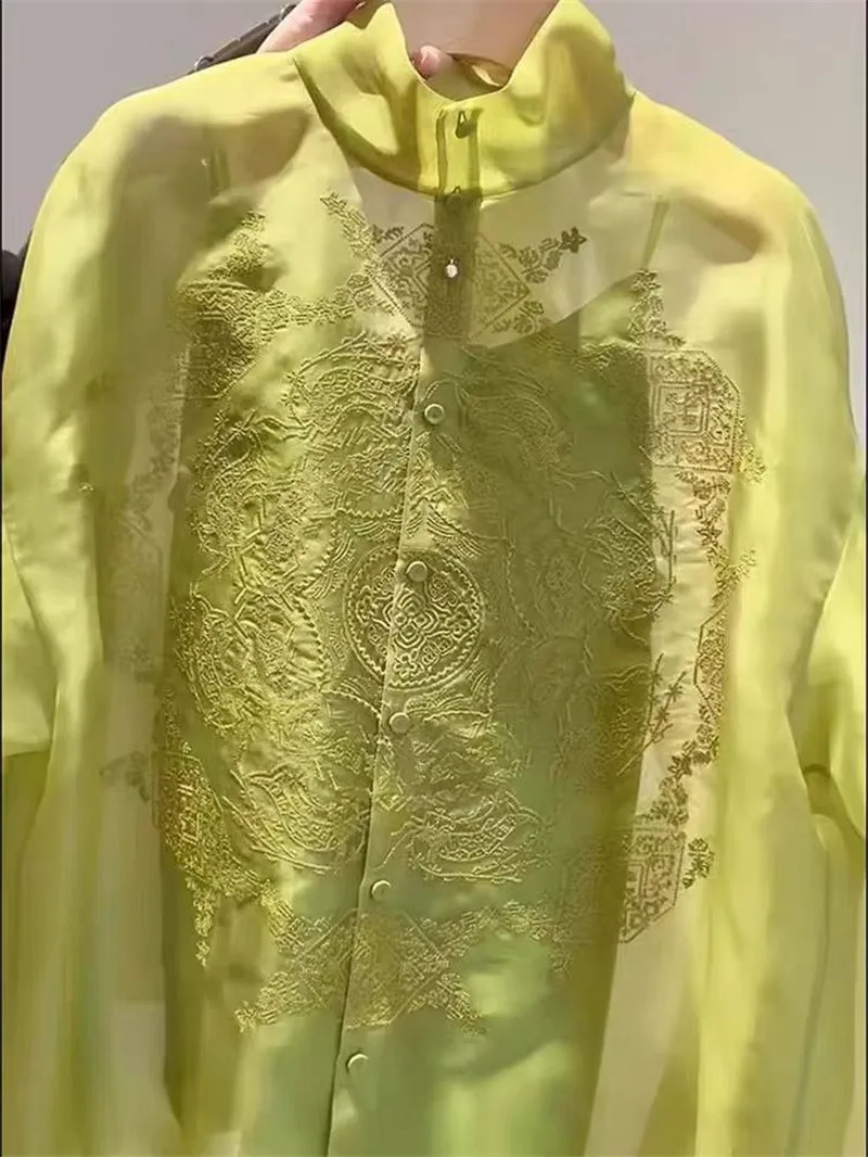 Spring New Elegant Green See Through Blouse Women Chinese Style Sun Protection Stand Collar Silk Shirts Fashion Thin Loose Tops
Spring New Elegant Green See Through Blouse Women Chinese Style Sun Protection Stand Collar Silk Shirts Fashion Thin Loose Tops