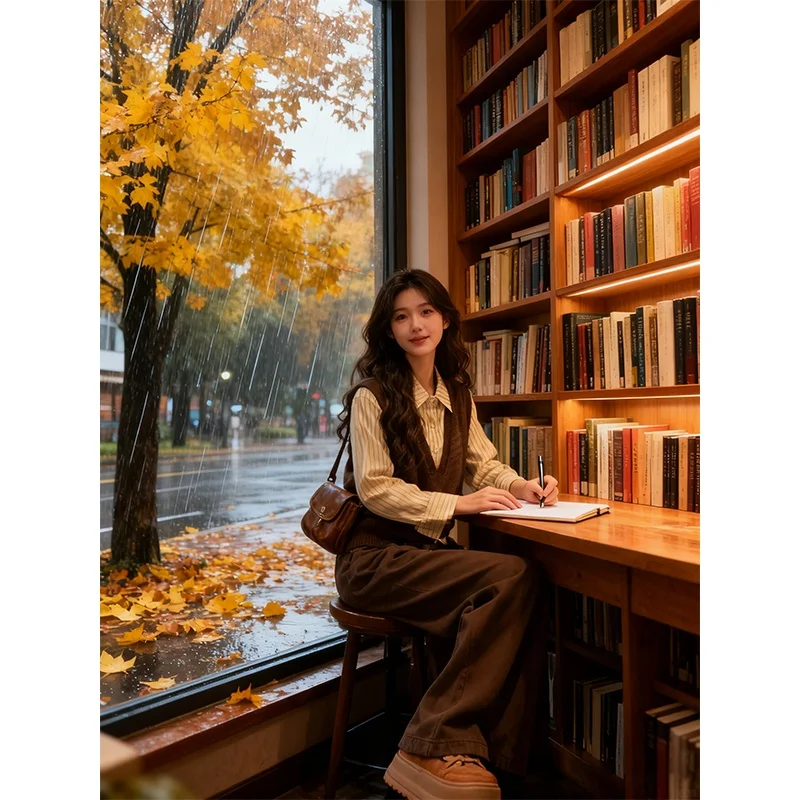 Chic Autumn Winter Tee-Piece Set Light Maturi Sle Layering Coffee Vest Striped irt Casual Pants Ele Faion Ensemble
Chic Autumn Winter Tee-Piece Set Light Maturi Sle Layering Coffee Vest Striped irt Casual Pants Ele Faion Ensemble