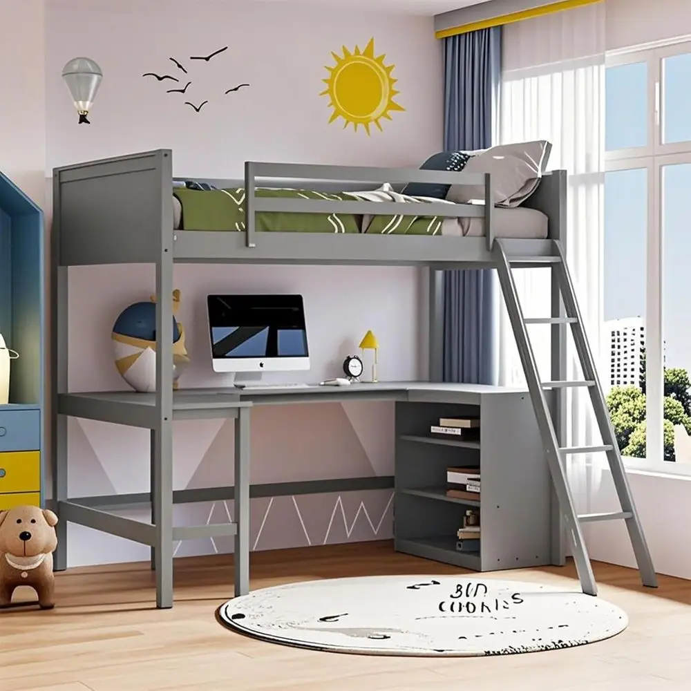 Twin Size Loft Bed with Desk, Storage Shelves, and Bookcase - Perfect for Dorms, Kids, and Teens in Gray
Twin Size Loft Bed with Desk, Storage Shelves, and Bookcase - Perfect for Dorms, Kids, and Teens in Gray