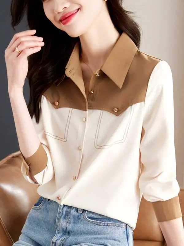 Contrast Color Spliced lapel Chiffon Shirt for Women Long Sleeve Spring and Autumn New French Professional Design Top
Contrast Color Spliced lapel Chiffon Shirt for Women Long Sleeve Spring and Autumn New French Professional Design Top