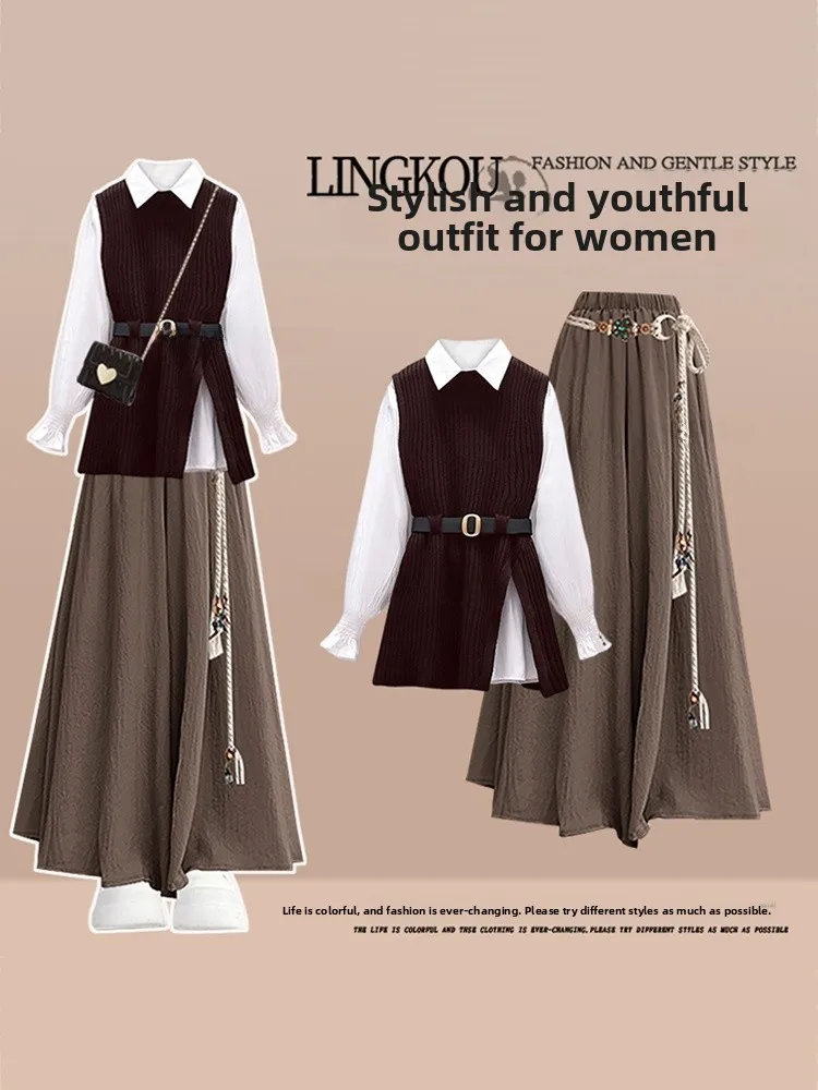 Комплект из трех предметов: вязаный жилет большого размера для женщин, базовая футболка и юбка-брюки с высокой талией, осенний, профессиональный, антивозрастной эффект
Комплект из трех предметов: вязаный жилет большого размера для женщин, базовая футболка и юбка-брюки с высокой талией, осенний, профессиональный, антивозрастной эффект