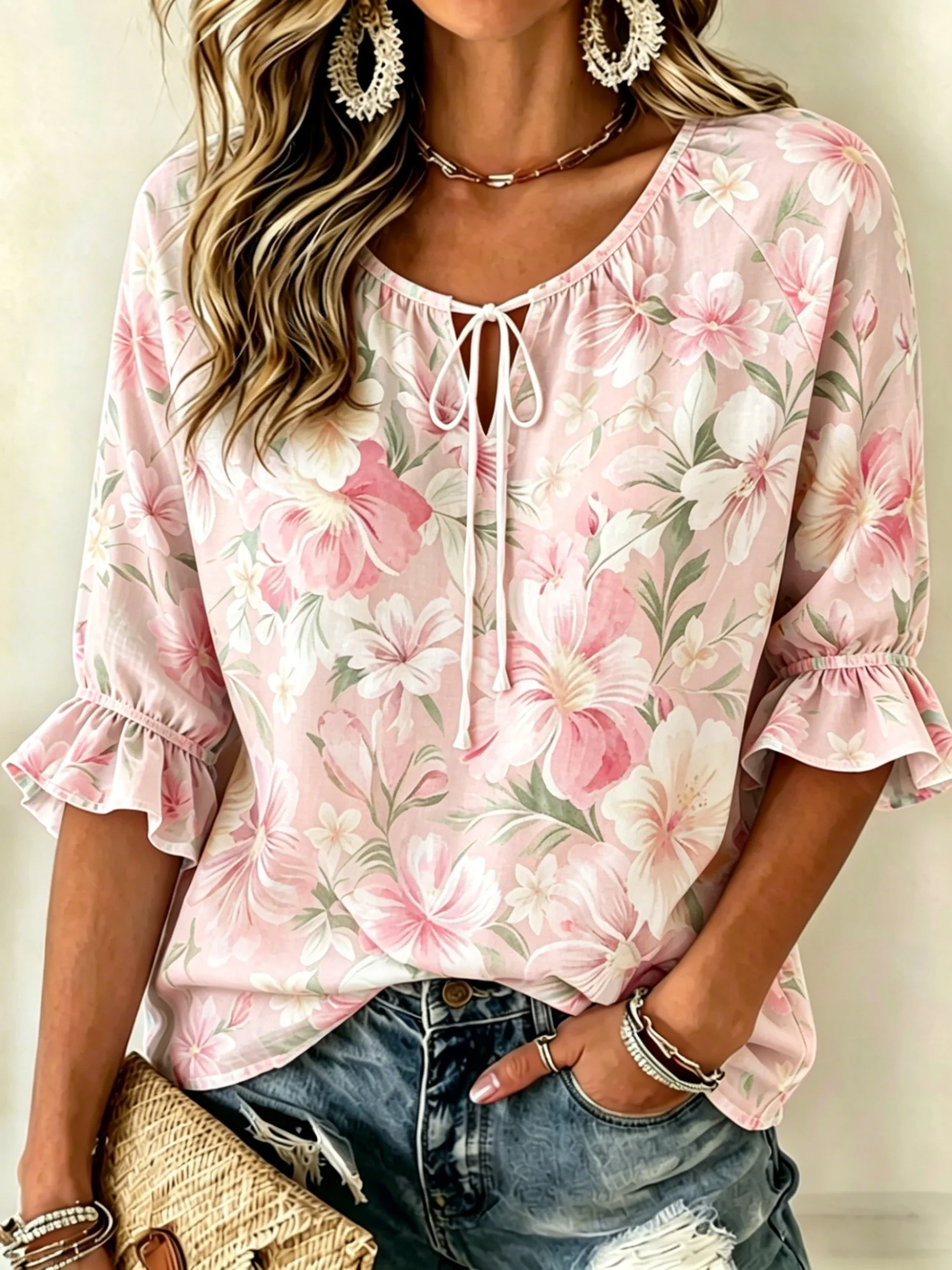 Women's Soft Pink Watercolor Floral Print Tie Front Blouse, Casual Loose Top for Spring Summer Daily Wear
Women's Soft Pink Watercolor Floral Print Tie Front Blouse, Casual Loose Top for Spring Summer Daily Wear