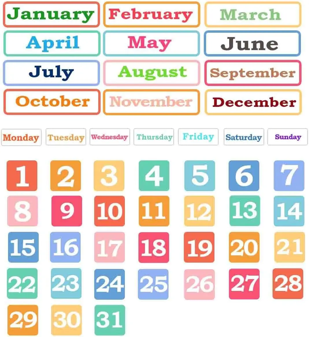 Calendar Magnets for Whiteboard and Refrigerator 50 Pieces Colorful Magnetic Days of The Week and Months for Classroom
Calendar Magnets for Whiteboard and Refrigerator 50 Pieces Colorful Magnetic Days of The Week and Months for Classroom