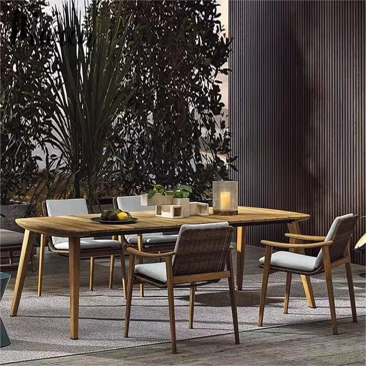 Modern and durable teak outdoor dining table set with waterproof coating, suitable for courtyards and hotels
Modern and durable teak outdoor dining table set with waterproof coating, suitable for courtyards and hotels