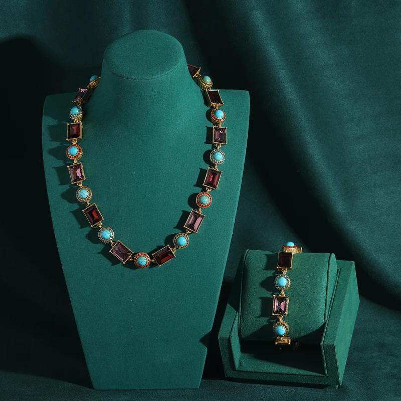 Charm Vintage Jewelry Sets Colorful Natural Stone Necklace Purple Glass Turquoise Bracelets Gold Color Geometry Banquet Luxury
Charm Vintage Jewelry Sets Colorful Natural Stone Necklace Purple Glass Turquoise Bracelets Gold Color Geometry Banquet Luxury