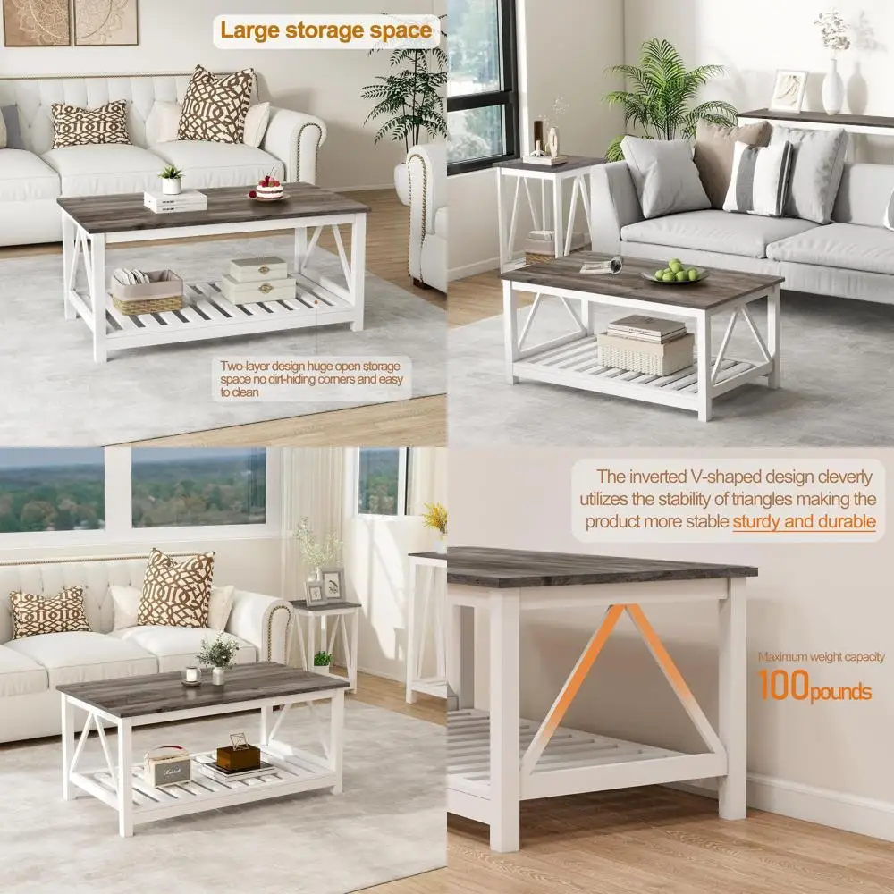 2-Tier Wooden Coffee Table with Slat Shelf Storage and V-Shaped Legs, White Oak Finish
2-Tier Wooden Coffee Table with Slat Shelf Storage and V-Shaped Legs, White Oak Finish