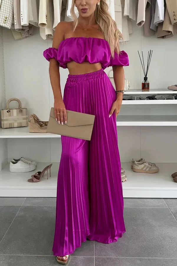Elegant Banquet Set For Women Fashion Satin Off Shoulder Puff Sleeve Short Top High Waist Pleated Wide Leg Pants Two Piece Set
Elegant Banquet Set For Women Fashion Satin Off Shoulder Puff Sleeve Short Top High Waist Pleated Wide Leg Pants Two Piece Set