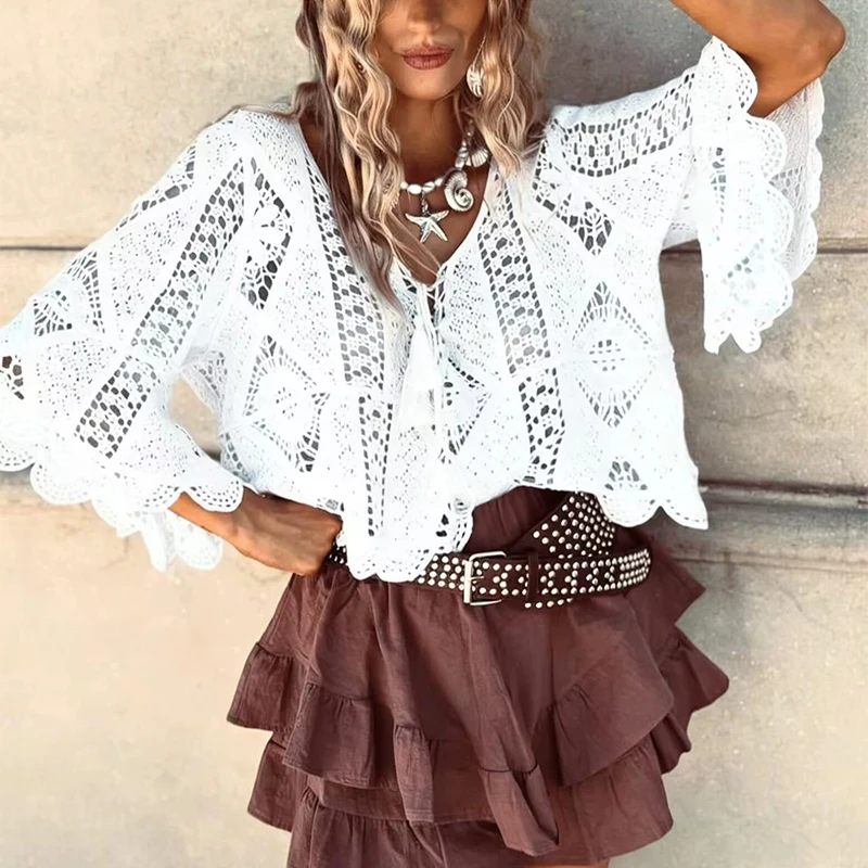 Sexy Flared Sleeves Solid Color Beach T-shirt Spring Summer Loose Knitted Top Tees Fashion Women's V-neck Lace Up Hollow Blouses
Sexy Flared Sleeves Solid Color Beach T-shirt Spring Summer Loose Knitted Top Tees Fashion Women's V-neck Lace Up Hollow Blouses