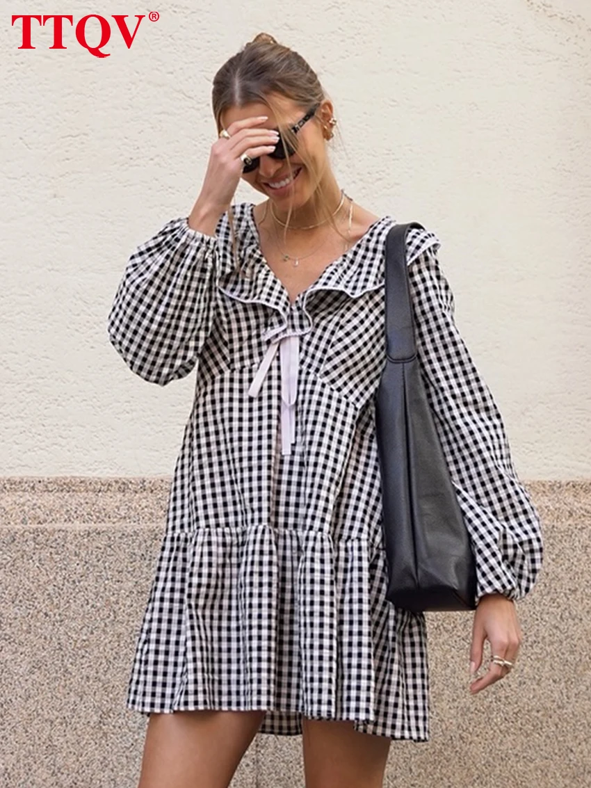 TTQV Fashion Loose Plaid Women Dress 2026 Spring Lapel Long Sleeve Mini Dresses Elegant Classic Lace-Up Female Dress Streetwear
TTQV Fashion Loose Plaid Women Dress 2026 Spring Lapel Long Sleeve Mini Dresses Elegant Classic Lace-Up Female Dress Streetwear
