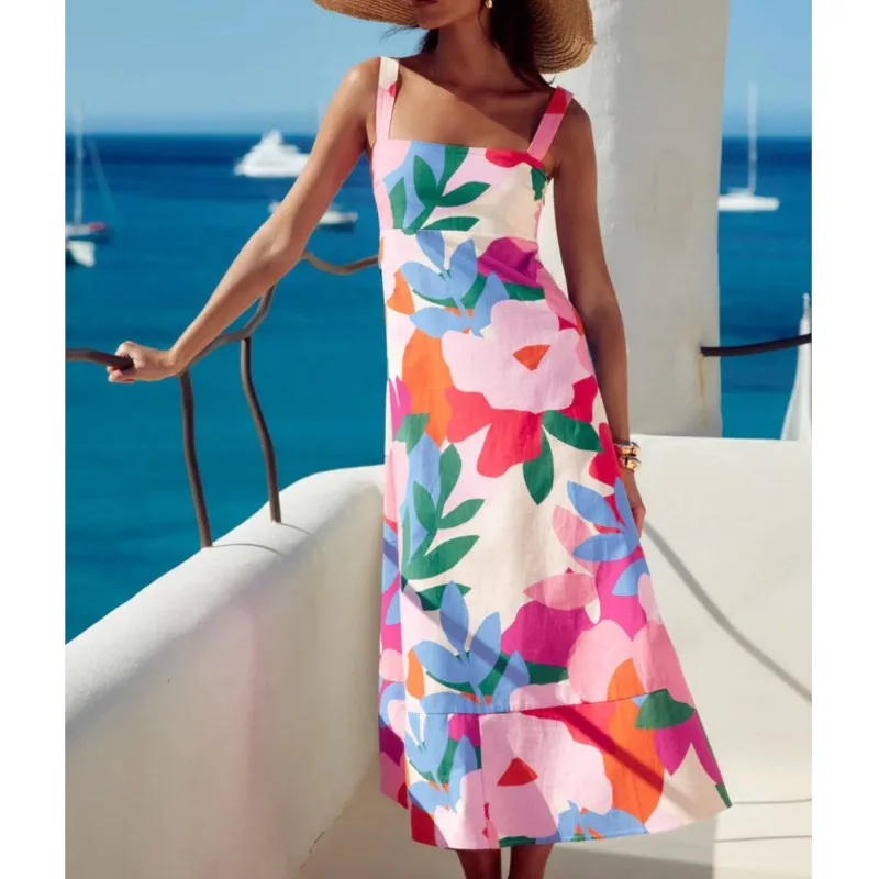 Casual Female Floral Print Sleeveless Suspender Dress Women's Temperament Square Collar Party Dress Elegant Holiday Beach Dress
Casual Female Floral Print Sleeveless Suspender Dress Women's Temperament Square Collar Party Dress Elegant Holiday Beach Dress