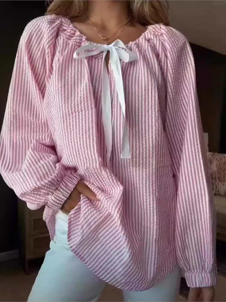 Shirt Women Y2k Clothes Striped Print Laced-up O Neck Puff Long Sleeve Tie Front Blouse Peplum Top Ladies Top Streetwear
Shirt Women Y2k Clothes Striped Print Laced-up O Neck Puff Long Sleeve Tie Front Blouse Peplum Top Ladies Top Streetwear