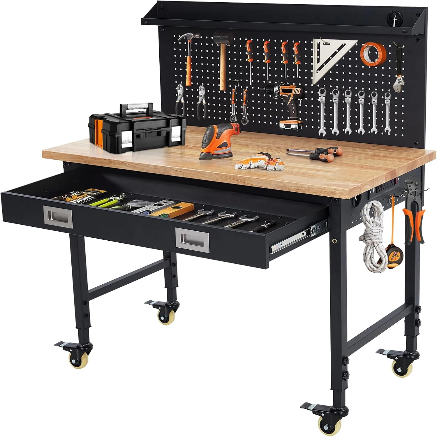 Adjustable Workbench, Heavy Duty Workstation , Rubber Wood Top Workstation with 4 Rolling Casters, Power Outlets, Metal Frame, Wood Top Workbench for Workshop Garage
Adjustable Workbench, Heavy Duty Workstation , Rubber Wood Top Workstation with 4 Rolling Casters, Power Outlets, Metal Frame, Wood Top Workbench for Workshop Garage