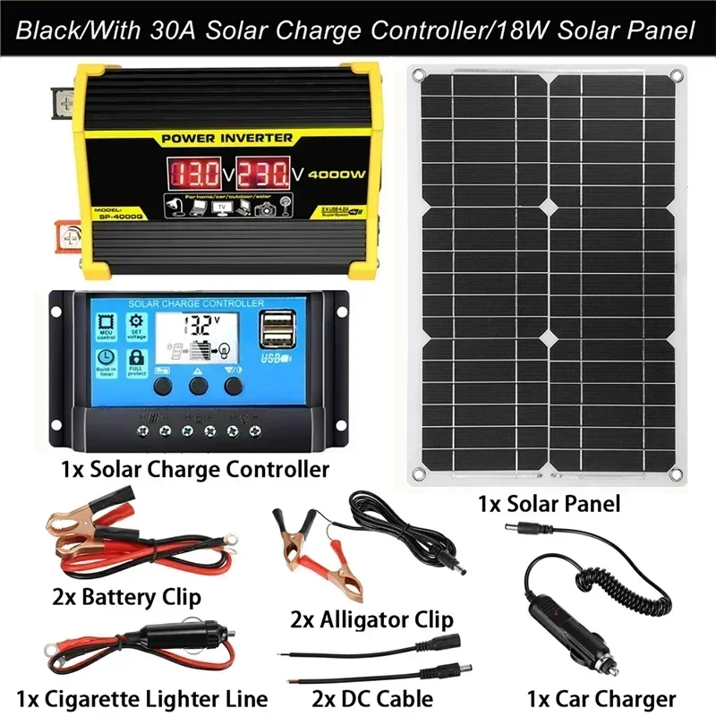 Solar Energy Systems 4000W Modified Sine Wave Inverter USB 12V to 110V/220V Vehicle 18V 18W Solars Panel+30A Controller Set
Solar Energy Systems 4000W Modified Sine Wave Inverter USB 12V to 110V/220V Vehicle 18V 18W Solars Panel+30A Controller Set