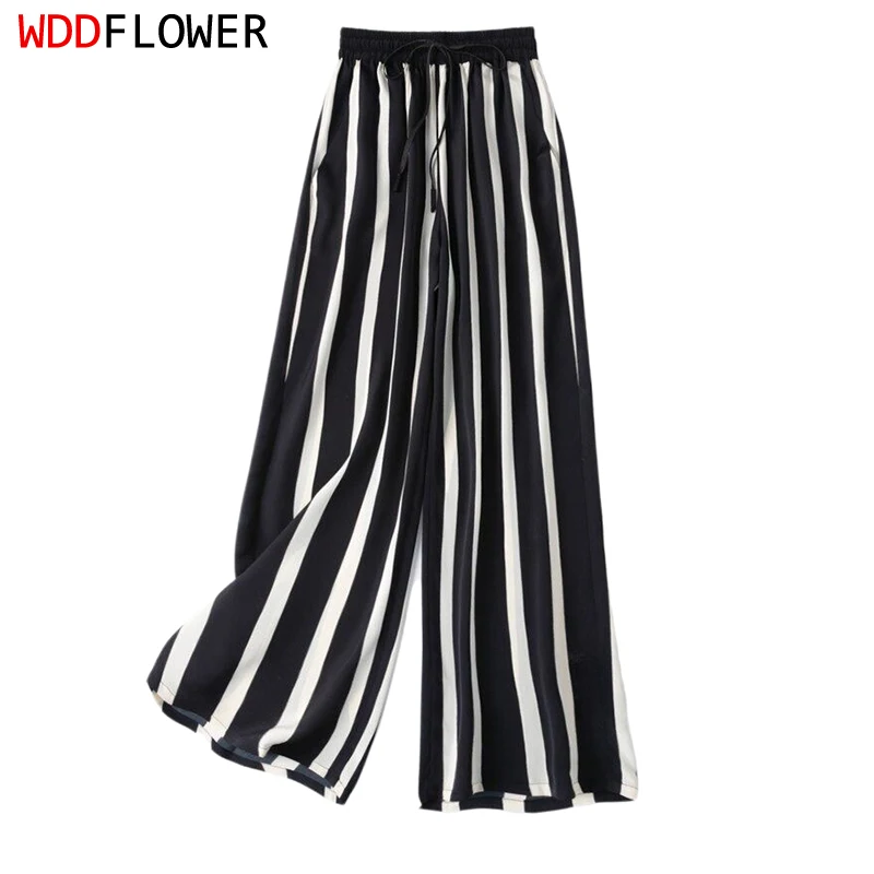 93% Mulberry Silk 7% Spandex 24 momme White Black Stripes Printed Wide Leg Women Pants Long Trousers Elastic Waist MM858
93% Mulberry Silk 7% Spandex 24 momme White Black Stripes Printed Wide Leg Women Pants Long Trousers Elastic Waist MM858