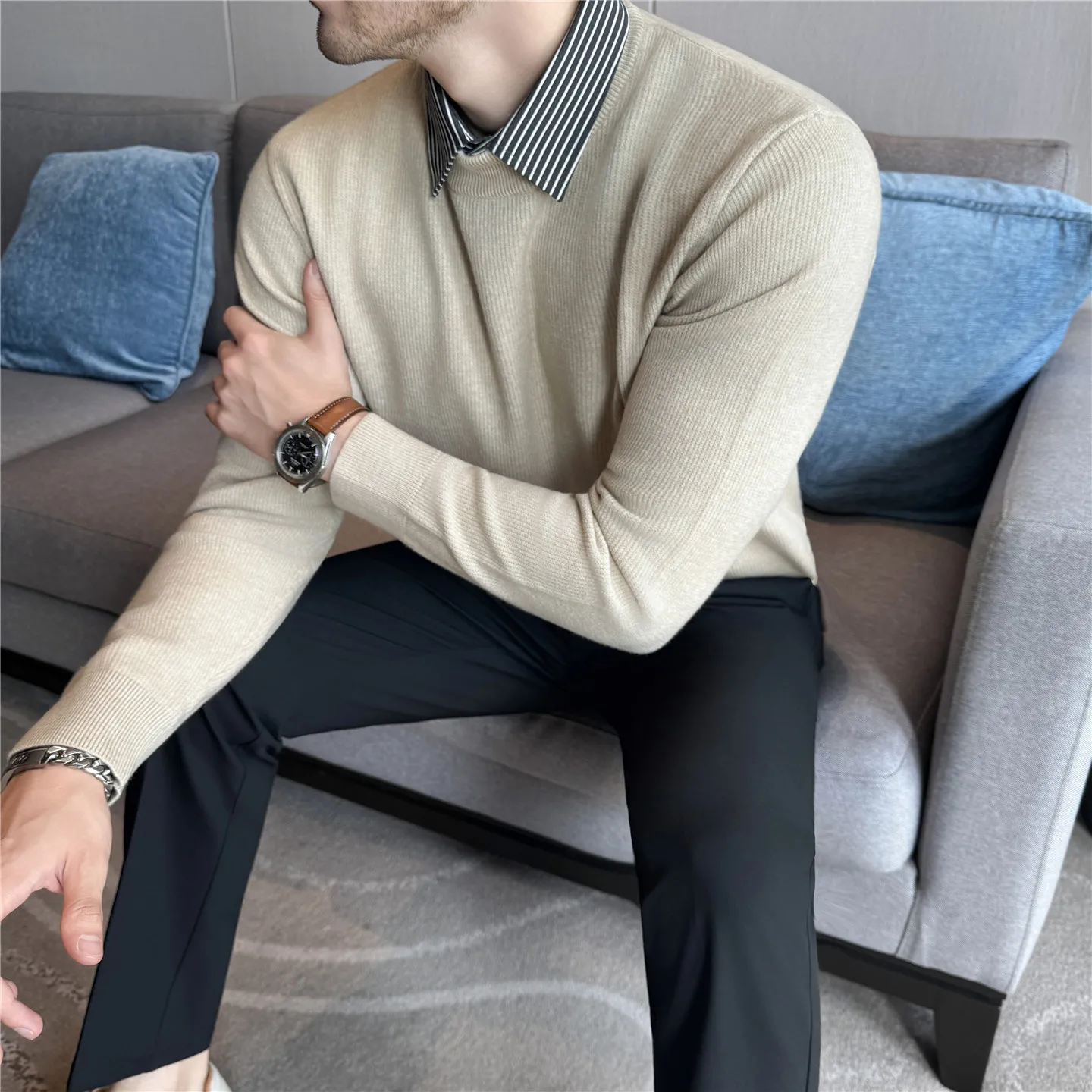 Fake-2Pieces Striped Shirt Spliced Sweater For Man High Quality Business Casual Slim Fit Long Sleeve Men's Sweaters Pullovers
Fake-2Pieces Striped Shirt Spliced Sweater For Man High Quality Business Casual Slim Fit Long Sleeve Men's Sweaters Pullovers