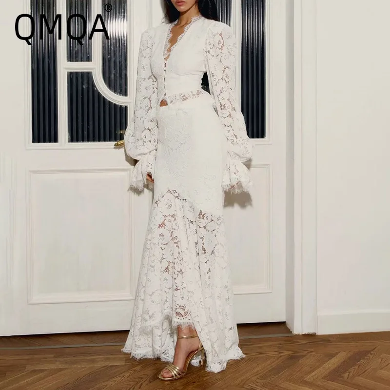 QMQA Fashion Women's Elegant Lace 2 Piece Set V Neck Lantern Sleeve Top High Waist Asymmetry Fishtail Skirt Female Sets QM1102
QMQA Fashion Women's Elegant Lace 2 Piece Set V Neck Lantern Sleeve Top High Waist Asymmetry Fishtail Skirt Female Sets QM1102