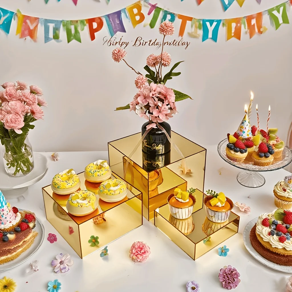 Golden Acrylic Cake Stand Set - Square Freely Combinable Dessert Display Boxes, Multifunctional Cake Boxes for Birthday Party, Wedding, Weekend Gathering
Golden Acrylic Cake Stand Set - Square Freely Combinable Dessert Display Boxes, Multifunctional Cake Boxes for Birthday Party, Wedding, Weekend Gathering